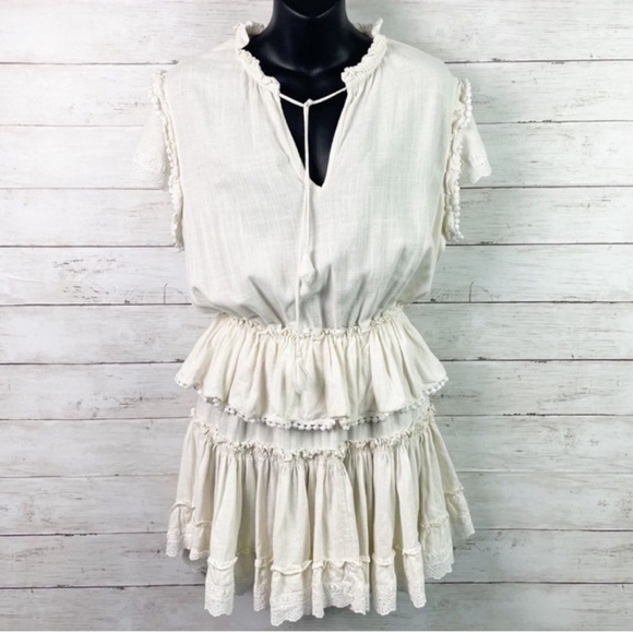 MISA Los Angeles Linen Popover Ruffle Tiered Mini Dress in Ivory Cream S - Picture 2 of 10